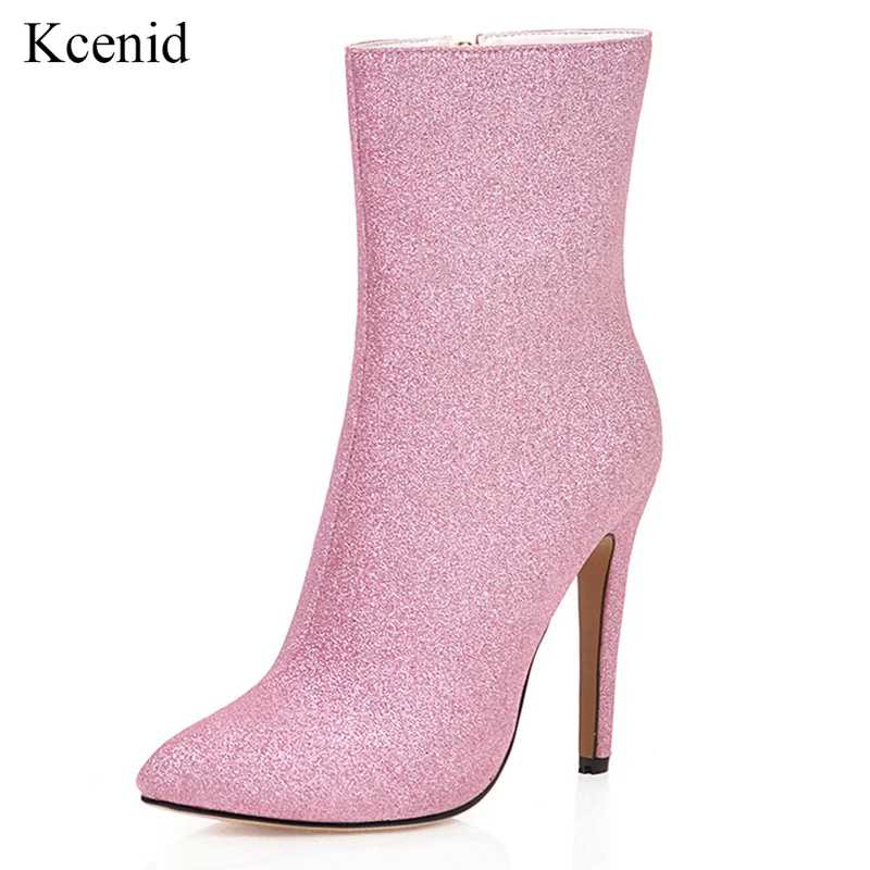 

Kcenid 2020 New autumn winter glitter shoes woman party boots sexy pointed toe 11.5cm thin high heels ankle boots women pink