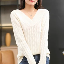 

LONGMING 100% Merino Wool Sweater V-neck Women Pullover Winter Warm Knitting Sweater Jumpers Pull Femme Knit Tops Sweater Y2K