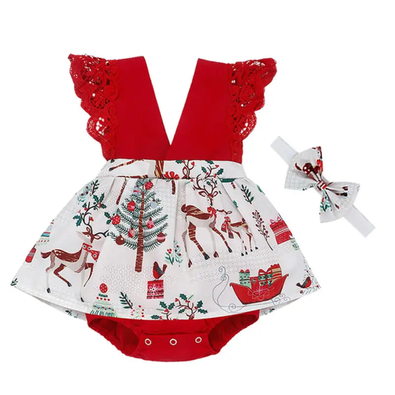 Fashion Christmas Baby Girl Infant Clothes Sleeveless Lace Jumpsuit Bodysuit+Headband 2 Piece Set Outfit 0-24M | Детская одежда и