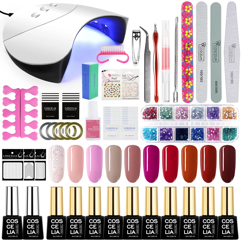 10pc Manicure kit 3 Маникюрный набор COSCELIA 36 Вт УФ светодиодный USB лампа Сушилка набор для наращивания ногтей для маникюра инструменты для ногтей художественные наборы гель лак для ногтей лак - Цвет: 10pc Manicure kit 3
