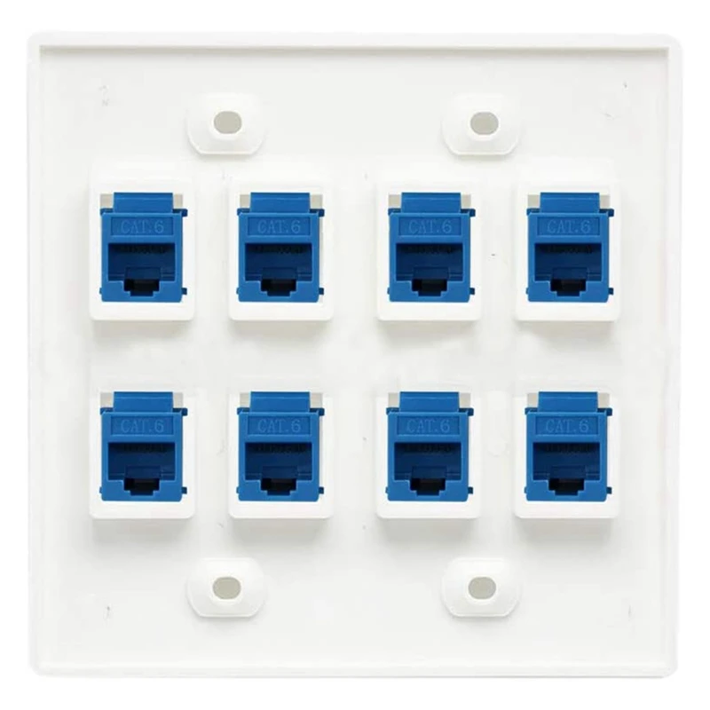 NEW-Ethernet Wall Plate 8 Port - Double Gang Cat6 RJ45 Keystone Jack Network Cable Faceplate Female to Female - Blue