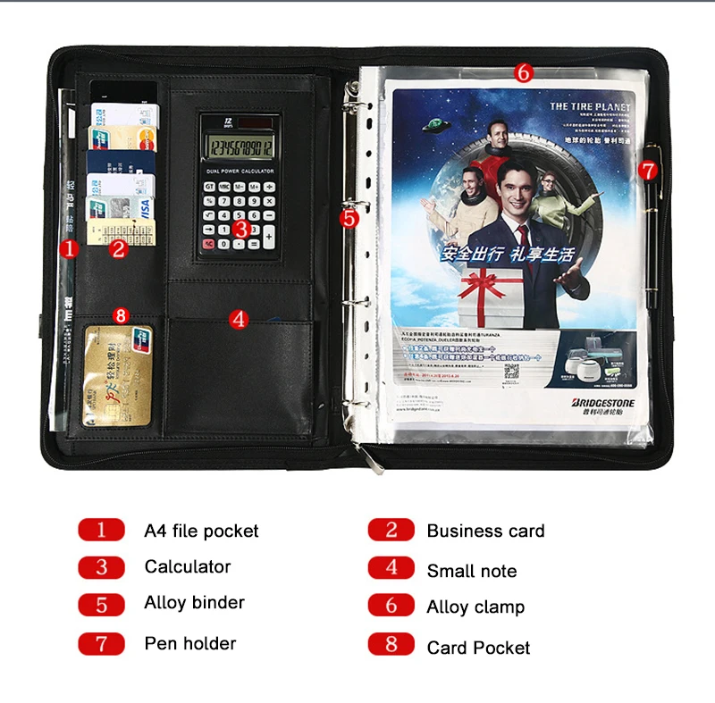 A4 File Folder PU Document Bag Calculator Binder Briefcase Business Contract Storage Manager Portfolio Office Organizer