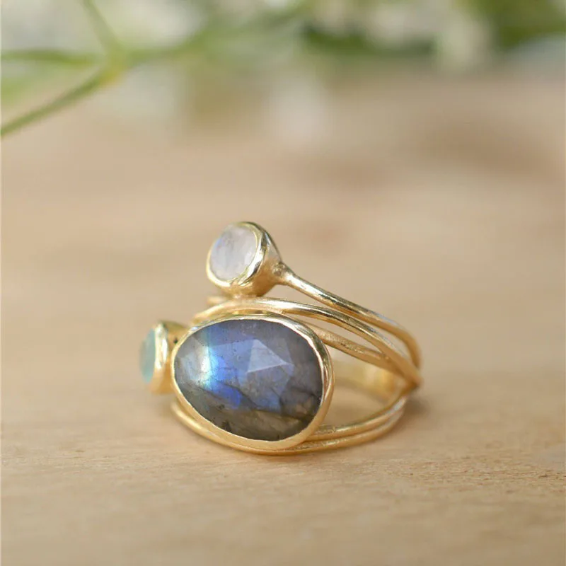 Multi-layers Cross Moonstone Rings for Women Boho Gold Color Round Opal Resin Simulated Shell Rings Jew