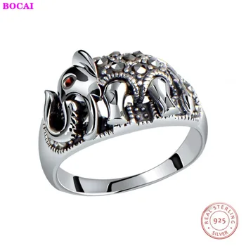 

S925 sterling silver women's ring retro Thai silver male ring women's national style simple elephant opening pure Silver Rings