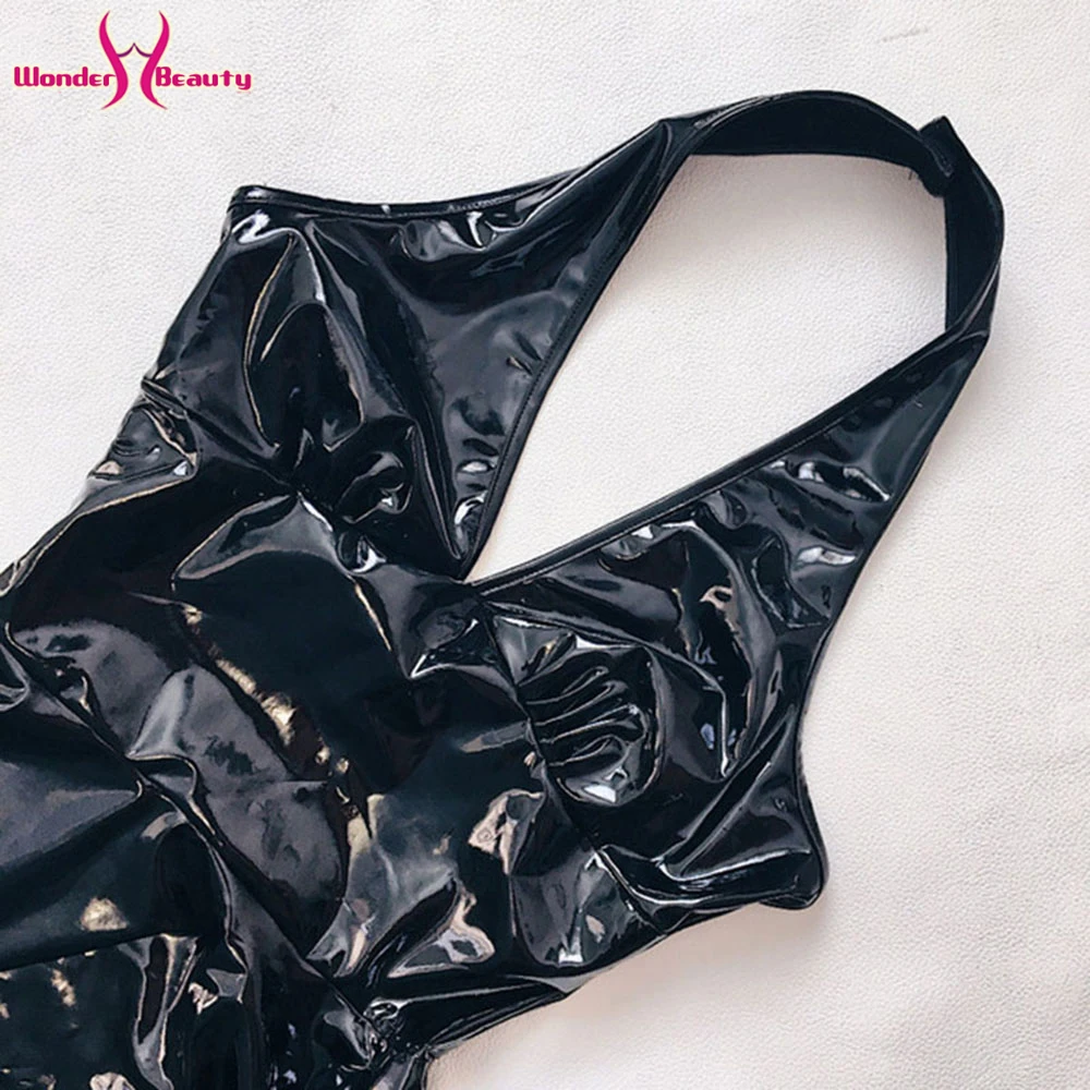 Women Halter A-line Wetlook PVC Dress Latex Leather Sleeveless V Neck Backless Skater Mini Dress Clubwear Vestidos (9)