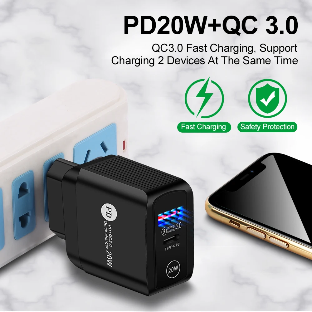 usb triple socket GTWIN   PD 20W compatible QC 3.0 fast charging mobile phone charger EU/US/UK Plug wholesale quick charge Black For iphone 12 pro usb car charge