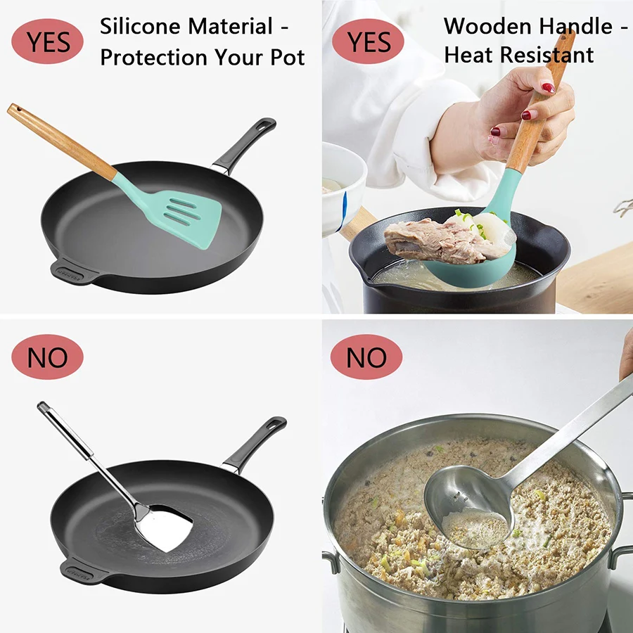 Набор силиконовых кухонных принадлежностей деревянные бамбуковые ручки