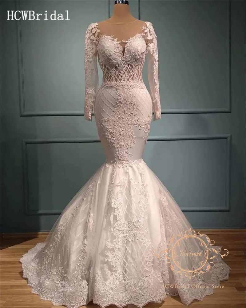 Vestido De Noiva Luxury Long Sleeve Mermaid Dubai Wedding Dresses Detachable Train Floor Length Gorgeous Lace Bridal Gowns