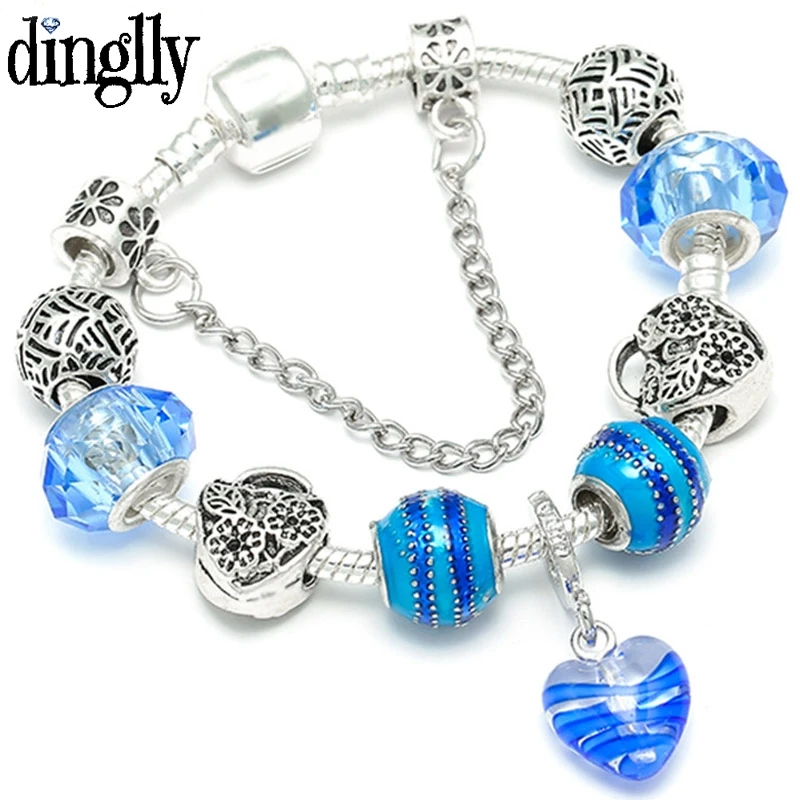 DINGLLY волна посеребренные сплав бусины Ocean Blue Love кулон браслет подвес Пандора Подходит для женщин мужчин обувь мальчиков на день рожден