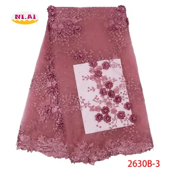 

Fashion Net Lace Material High Quality Nigerian 3D Wedding Lace Fabric With Beads Onion Embroidery Fabric For Dress NA2630B-4