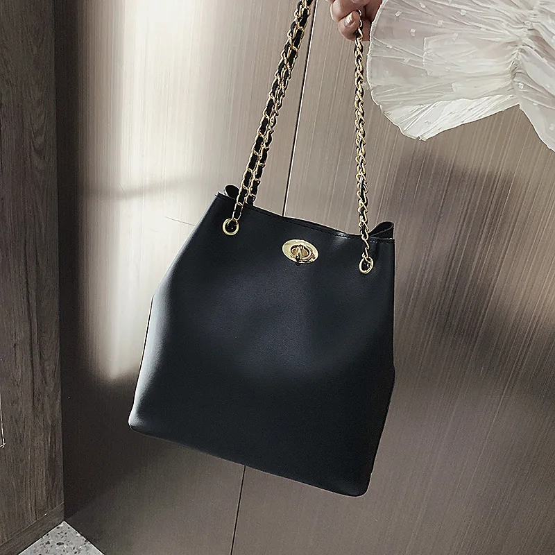 

2019 New Style Trend Western Style Versatile Solid Color Lock Picture Bucket Bag Shoulder Diagonal WOMEN'S Bag
