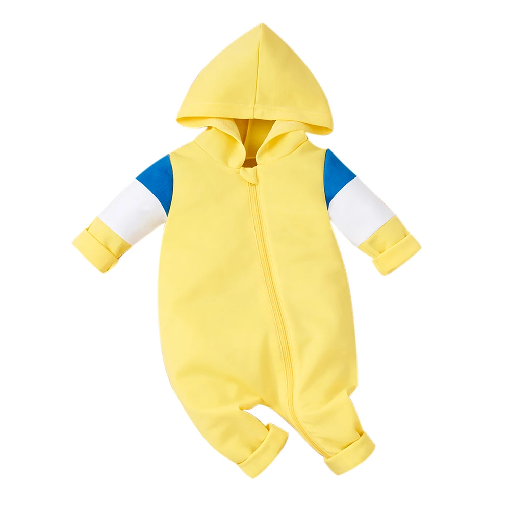 

Newborn Girl Clothes Hooded Zipper Up Romper Patchwork Cotton Yellow Bodysuits Baby Boy Clothes Set Winter