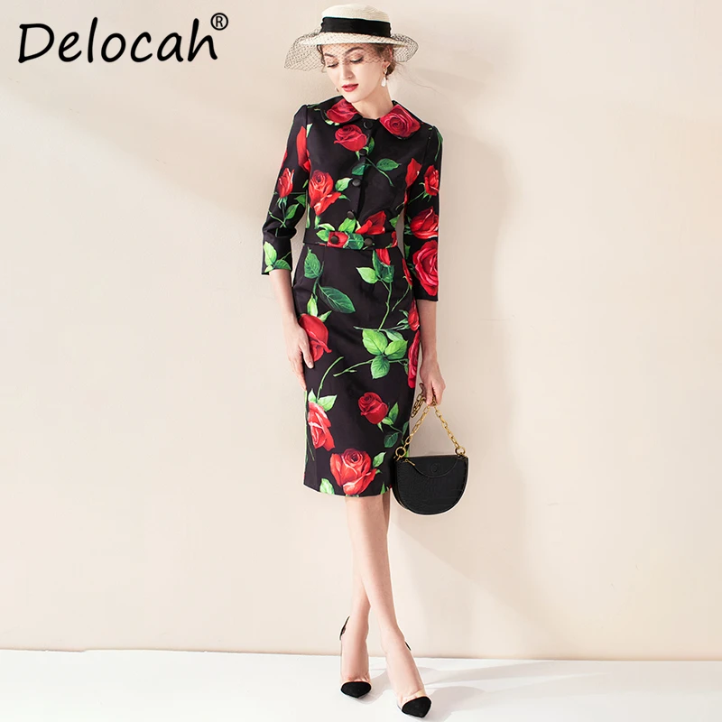 Delocah, осенне-зимнее женское платье, подиумное, модное, дизайнерское, короткий рукав, простая пуговица, с принтом розы, элегантное, тонкое, женское платье