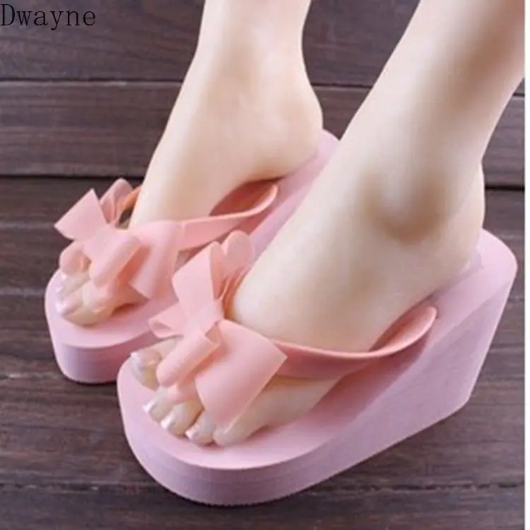 2019 г. Новые женские сандалии летние на танкетке с бантом милые пляжные тапочки