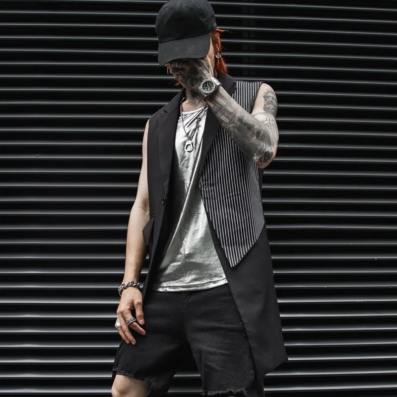 Новинка модный мужской длинный костюм жилет пэчворк в полоску без рукавов