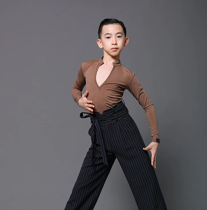 Ballroom Latin Dance Practice Clothes Boys Latin Dance Tops Black V-Neck Shirts Chacha Samba Tango top Costumes