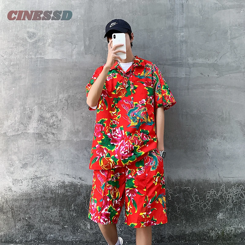 CINESSD men's floral suit ins loose casual shorts trendy short-sleeved top two-piece Northeast China printing | Мужская одежда