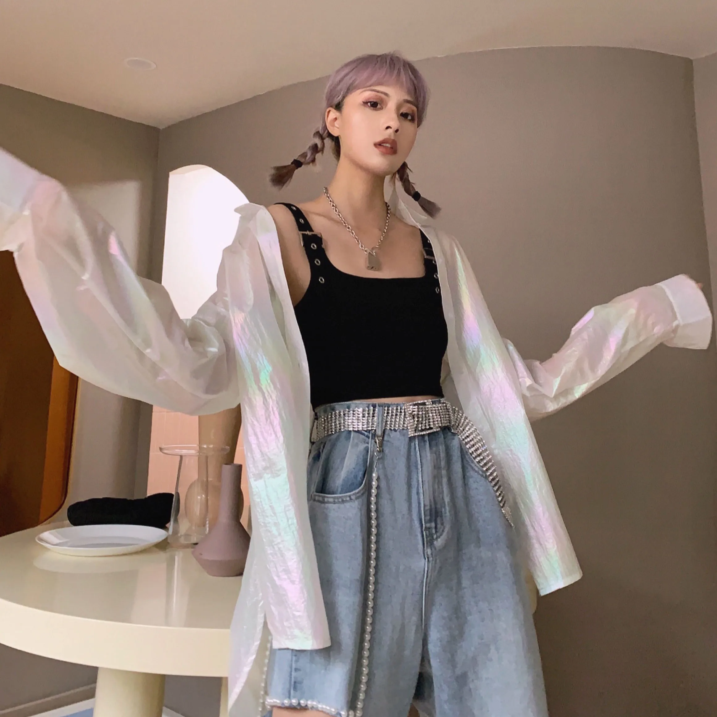 Skup Nowość! Przezroczysta laserowa symfonia przeciwsłoneczna kieszeń Jersey kurtka przezroczysta kurtka opalizująca tęcza Hologram koszula bluzka płaszcz