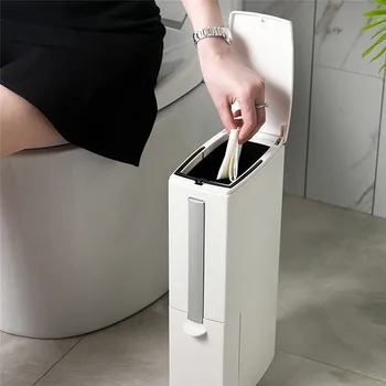 

6L Narrow Plastic Trash Can Set with Toilet Brush Bathroom Waste Bin Dustbin Trash Cans Garbage Bucket Garbage Bag Dispenser