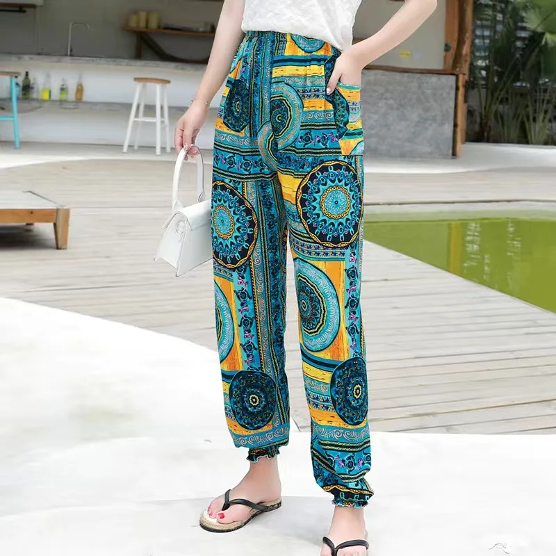 Women's Casual Print Palazzo Pants, Loose Sleep Pyjama Pants, Wide Leg,  Thin Shorts, Cropped Pants, Summer Outdoor, ouc1143