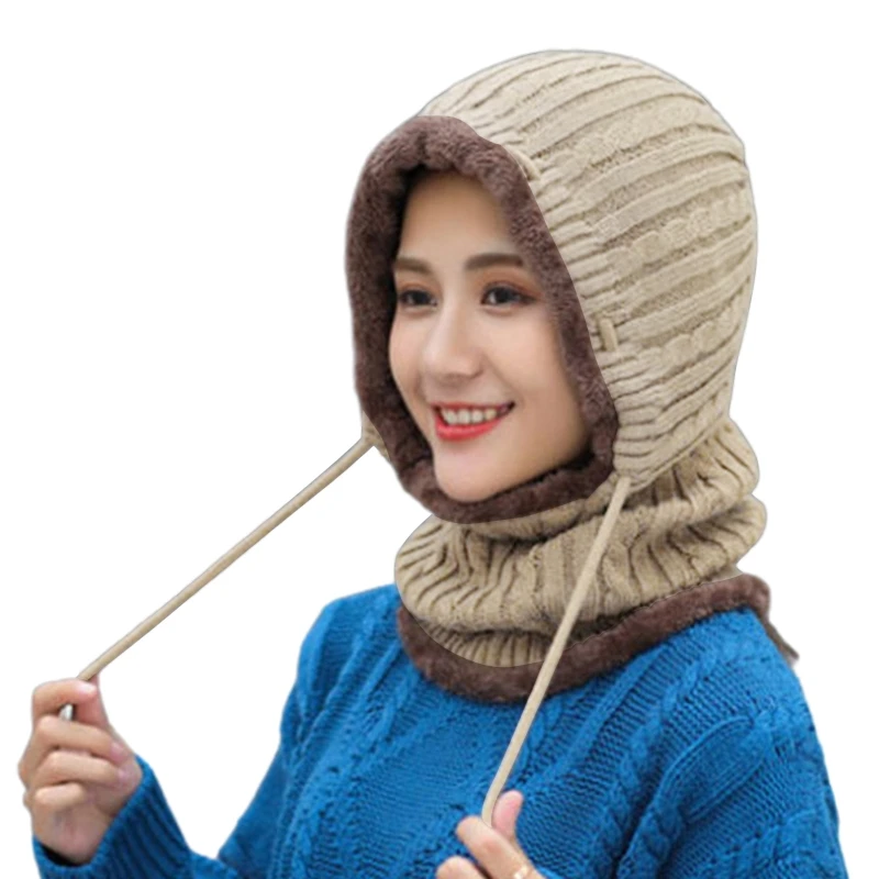 

Women Winter Warm Knitted Balaclava Hat Plush Lined Ski Earflap Hood Cap Scarf