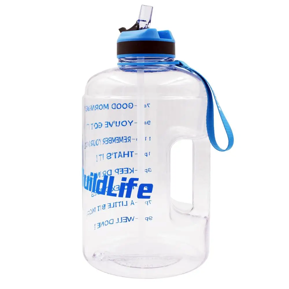 Blue Logo BuildLife 1 галлон бутылка для воды с соломенным маркером времени 3.78л 128 унций BPA бесплатно пластиковая большая емкость фитнес спорт воды кувшин - Цвет: Blue Logo