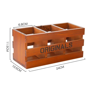 

Retro Wooden Desktop Stationery Storage Box Three-grid Pen Holder Multi-function Debris Container Home Decor Gifts