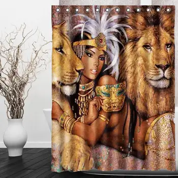 

150X180cm Beauty with Lion Printing Bathroom Shower Curtain African Women Polyester Waterproof Bath Curtain & 12 Hooks