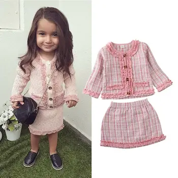 

2PCS Kids Baby Girl Pageant princess sweet pink suit long sleeve Plaid Coat top Tutu Dress Party Formal Outfits winter Clothes