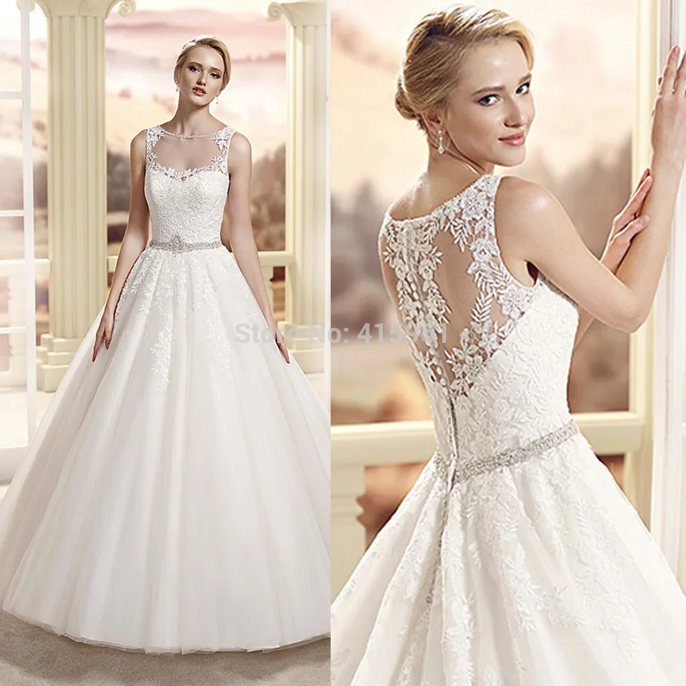 

2019 Romantic Princess Wedding Dresses Lace Bridal Gowns See Through Back Tank Floor Length Gown vestido de noiva Casamento