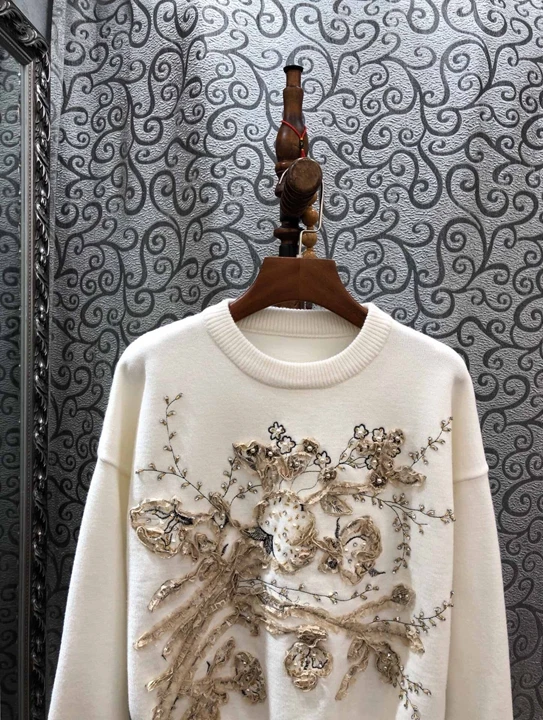 High Quality Wool Sweaters Autumn Winter Pullovers Women Appliques Flower Beading Long Sleeve Black White Knitted Jumpers