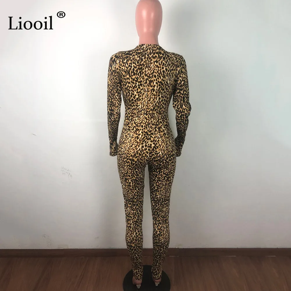 Liooil, комплект из двух предметов, Леопардовый принт, Облегающий комбинезон, с длинным рукавом, без бретелек, открытые, вечерние, сексуальные комбинезоны, женский комбинезон