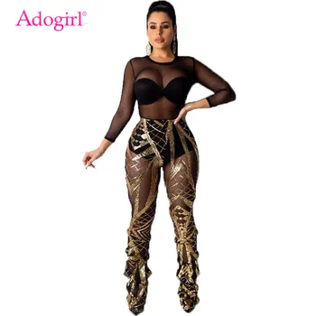 

Adogirl Top Grade Sequins Sheer Mesh Pleated Trousers Women Sexy Pants with Panties High Wast Fashion Night Club Party Outfits
