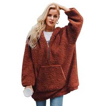 

Autumn Winter Women Fsshion Sweatshirts Casual Plus Size Zipper Hooded Solid Color Lamb Hair Plus Thick Loose Coat Fashion