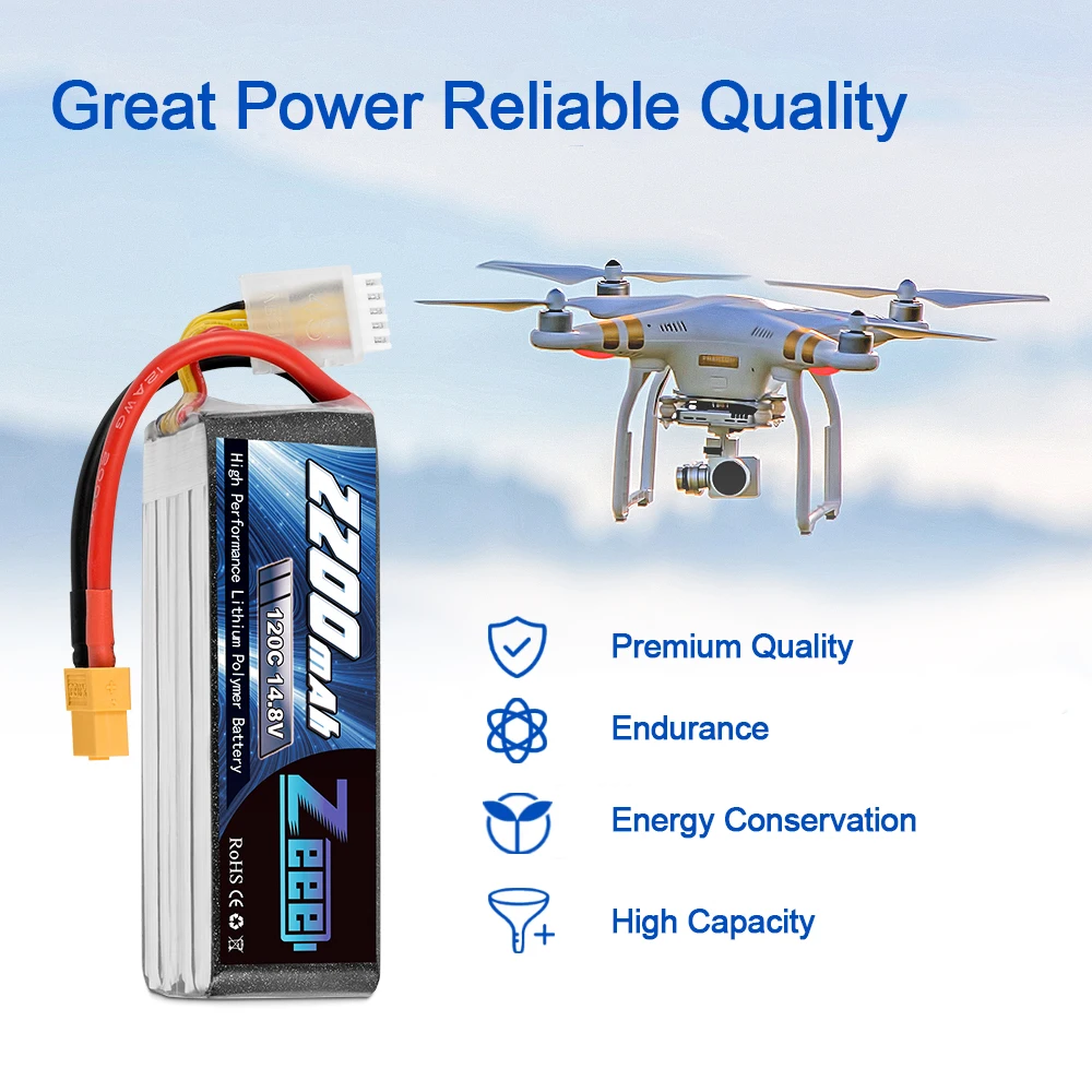 2-Pack Zeee 4S LiPo Battery 14.8V 2200mAh 120C – High-Performance Rechargeable Battery with XT60 Plug for FPV Drone, RC Car, Boat & Aircraft Models 4