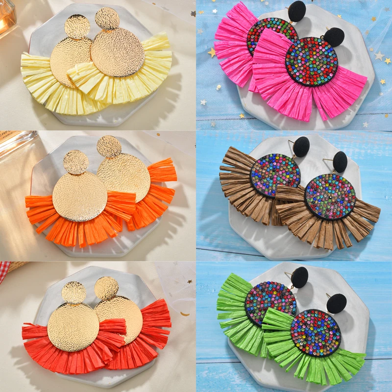 

Pink Gold Color Fan Shape Dangle Earring For Women Colorful Crystal Rhinestone Tassel Fringe Earrings Geometric Fashion Jewelry