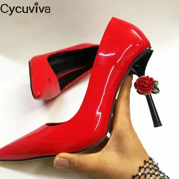 

Runway Flower Heels Shoes Women Pumps Patent Leather Thin High Heel Women Shoes Sexy Pointed Toe Slip On Party Dress Shoes