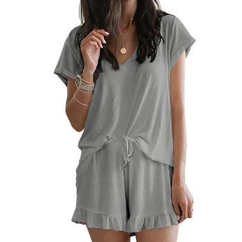 

Vicabo Two Piece Sleeping Sets for Women Summer Short Sleeve V-neck Tops and Shorts Ruffled Hem Sets Pyjama Femme