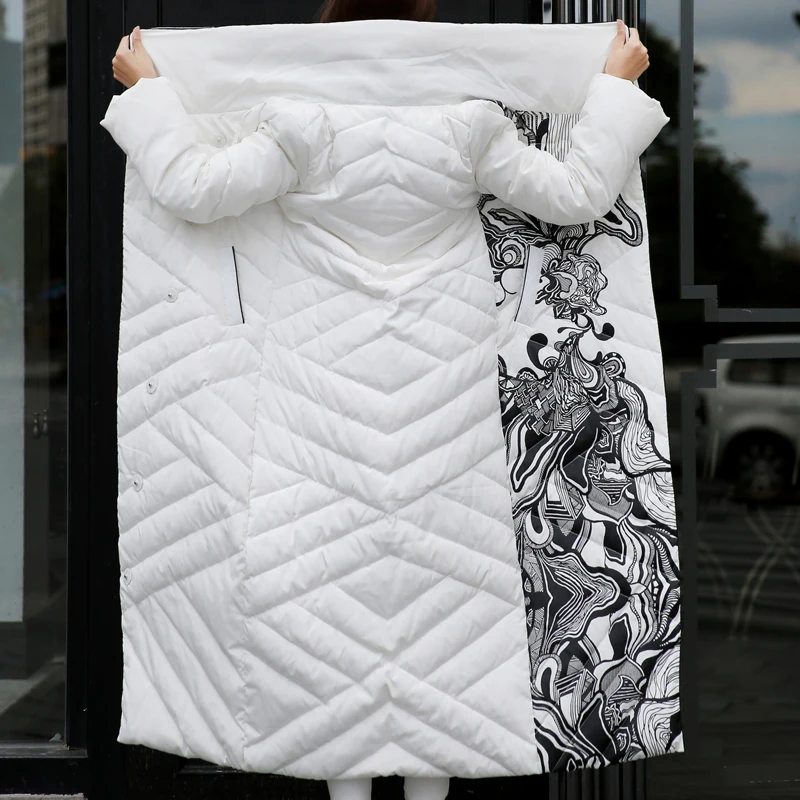 Зимняя куртка женская X-Long с принтом тонкая толстая белая куртка на утином пуху элегантное модное женское теплое пальто BOoDinerinle