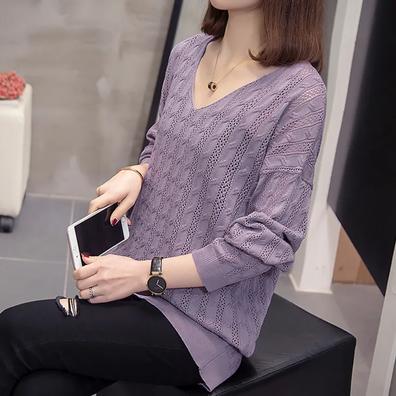 Женский вязаный пуловер размера плюс свободный Свитер оверсайз с V-образным