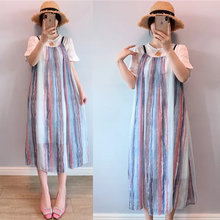 

2019 Summer New Style Large Size Dress Fat Mm Crew Neck Flounced Sleeves Tops Chiffon Stripes Strapped Dress Two-Piece Set