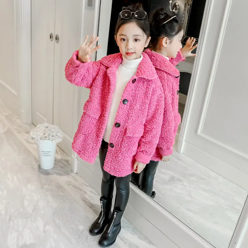 Rose Red Однотонное шерстяное пальто для девочек, шерстяная и Смешанная шерсть, Повседневная Верхняя одежда и пальто, куртки для девочек, флисовое теплое пальто для детей 4-13 лет - Цвет: Rose Red