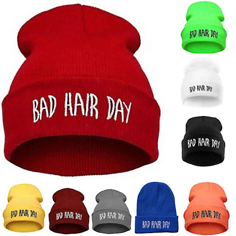 

Fashion Sport Warm Winter Hats Bad Hair Day Letter Beanies Cap Women Men Hat Beanie Knitted Hip Hop Hats Bonnet for Unisex