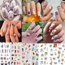 10PCS Lines Maple Leaves Nail Foil Stickers Autumn Rainbow graffiti Transfer Decals Slider Nails Art Decoration DIY Manicures