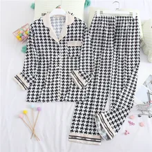 Satin Lce Silk Autumn Pajamas Women's 2 Piece Long Sleeve Trousers Korean Houndstooth Pajama Pajamas Set Luxury Casual Home Wear