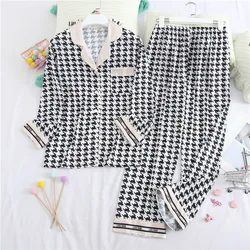 Satin Lce Silk Autumn Pajamas Women's 2 Piece Long Sleeve Trousers Korean Houndstooth Pajama Pajamas Set Luxury Casual Home Wear