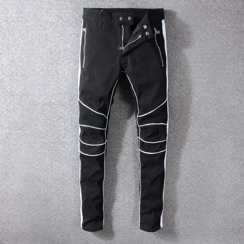 

Euro High Street Fashion Mens Slim Fit Motorcycle Pencil White Striped Jeans Long Trousers Plus Size 42 Biker Denim Pants