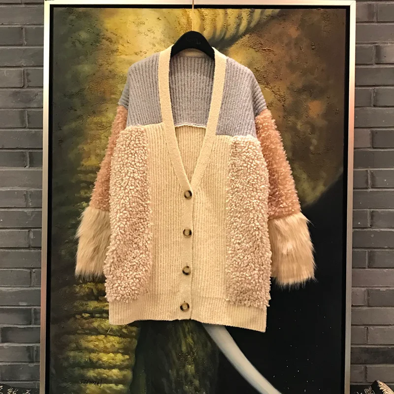 

Women Candy Color Fleece Patchwork Knitting Cardigan Loose Style Long Sleeve V Neck Winter Thicken Christmas Sweater