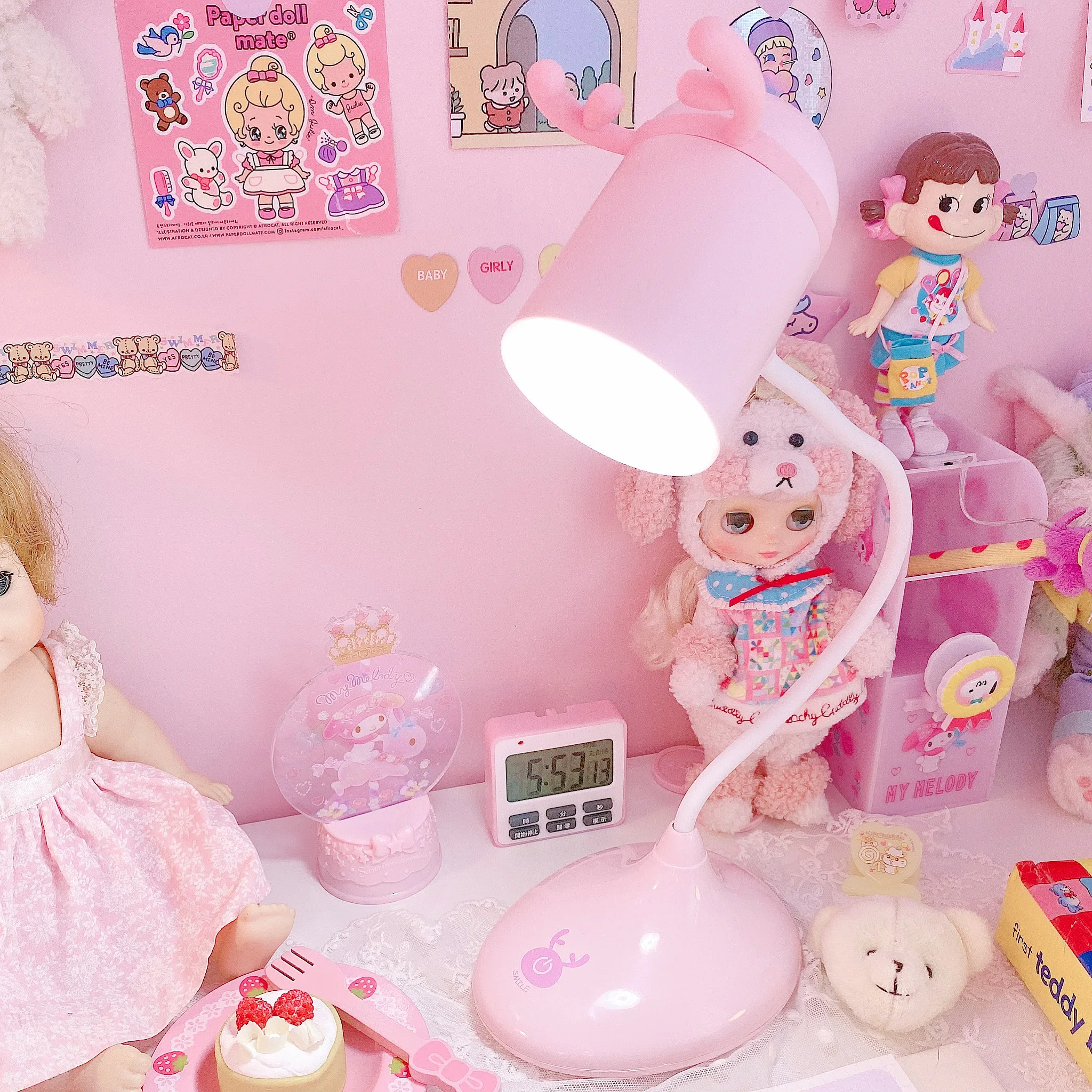 Cute Pink Antlers Desk Lamp with Night Light Touch switch Dimmer Rechargeable Battery Desk Light US