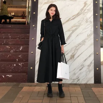 

Spring Fairy Black Long Sleeve Gothic Sweet School Stand Regular Pockets Elegant 2020 New Women Maxi Dress Vintage